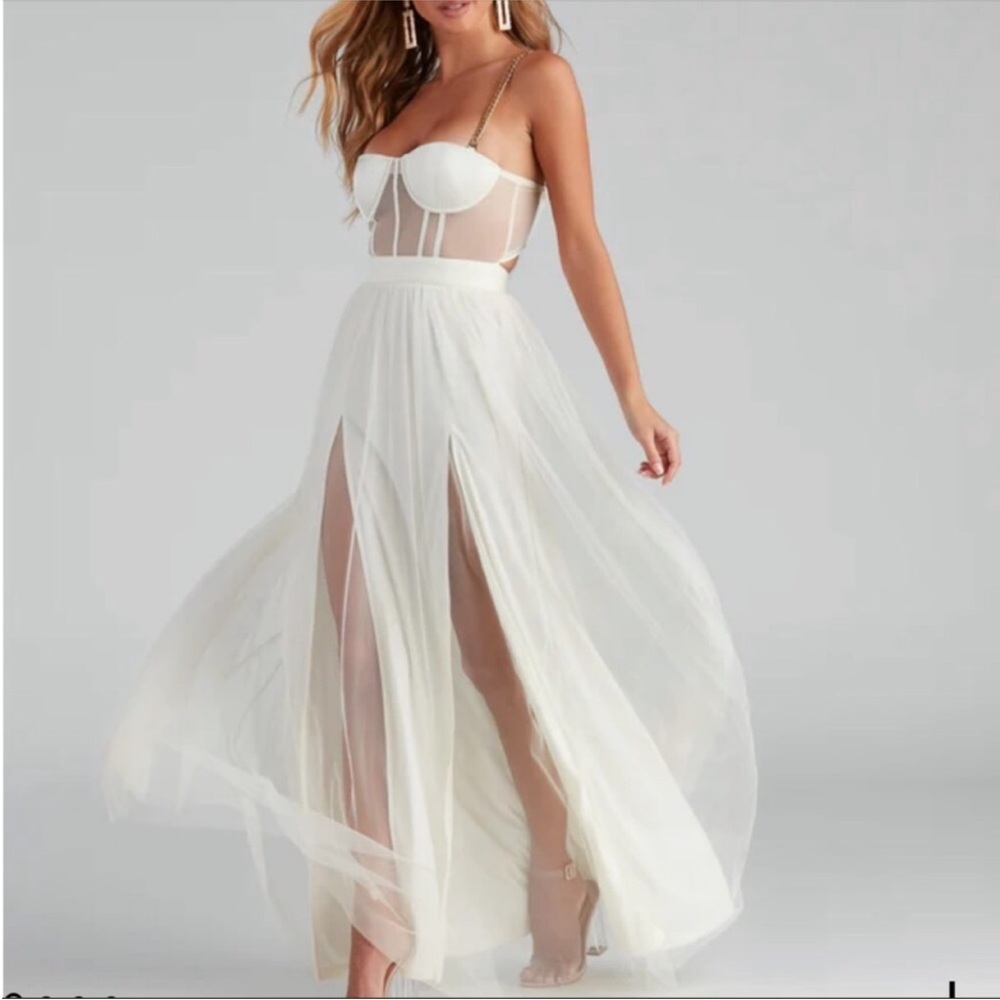 Corset Top Maxi Dress Gold Chain Strap & Sheer Mesh Panels Tulle Skirt Slits M